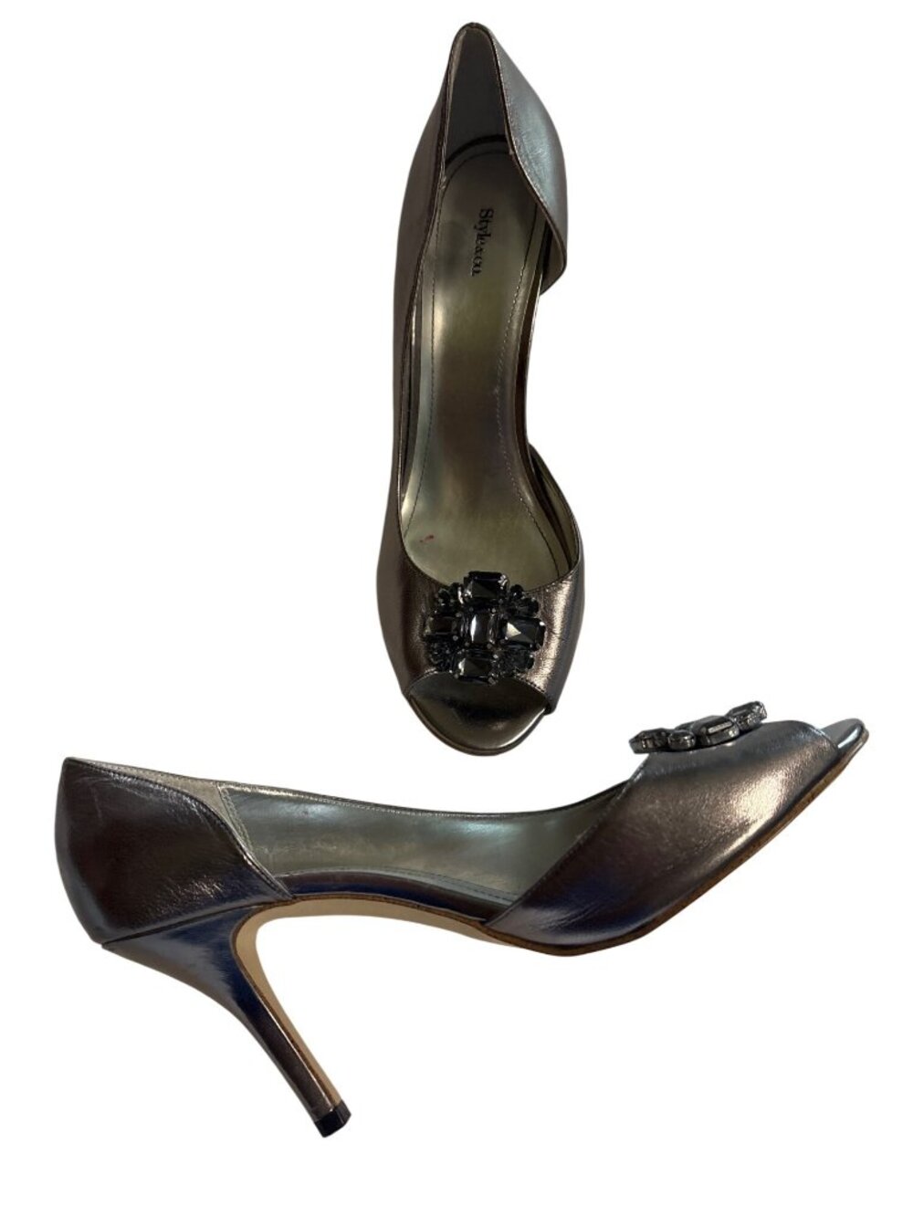 Silver Peep-Toe Heels With Gem Embellishment Size 11M Kitten Heel Endora